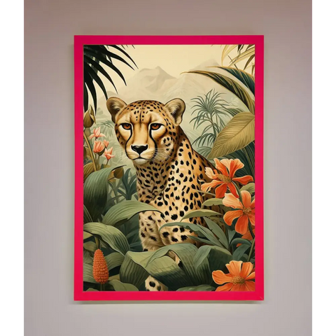 Cheetah In Flowers Framed Wall Art - A3 (29.7 x 42 cm) / Neon Pink - Framed Print