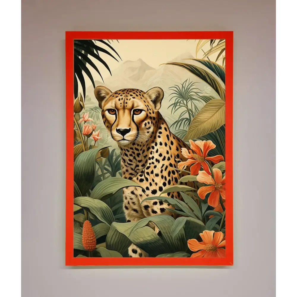 Cheetah In Flowers Framed Wall Art - A3 (29.7 x 42 cm) / Neon Red - Framed Print