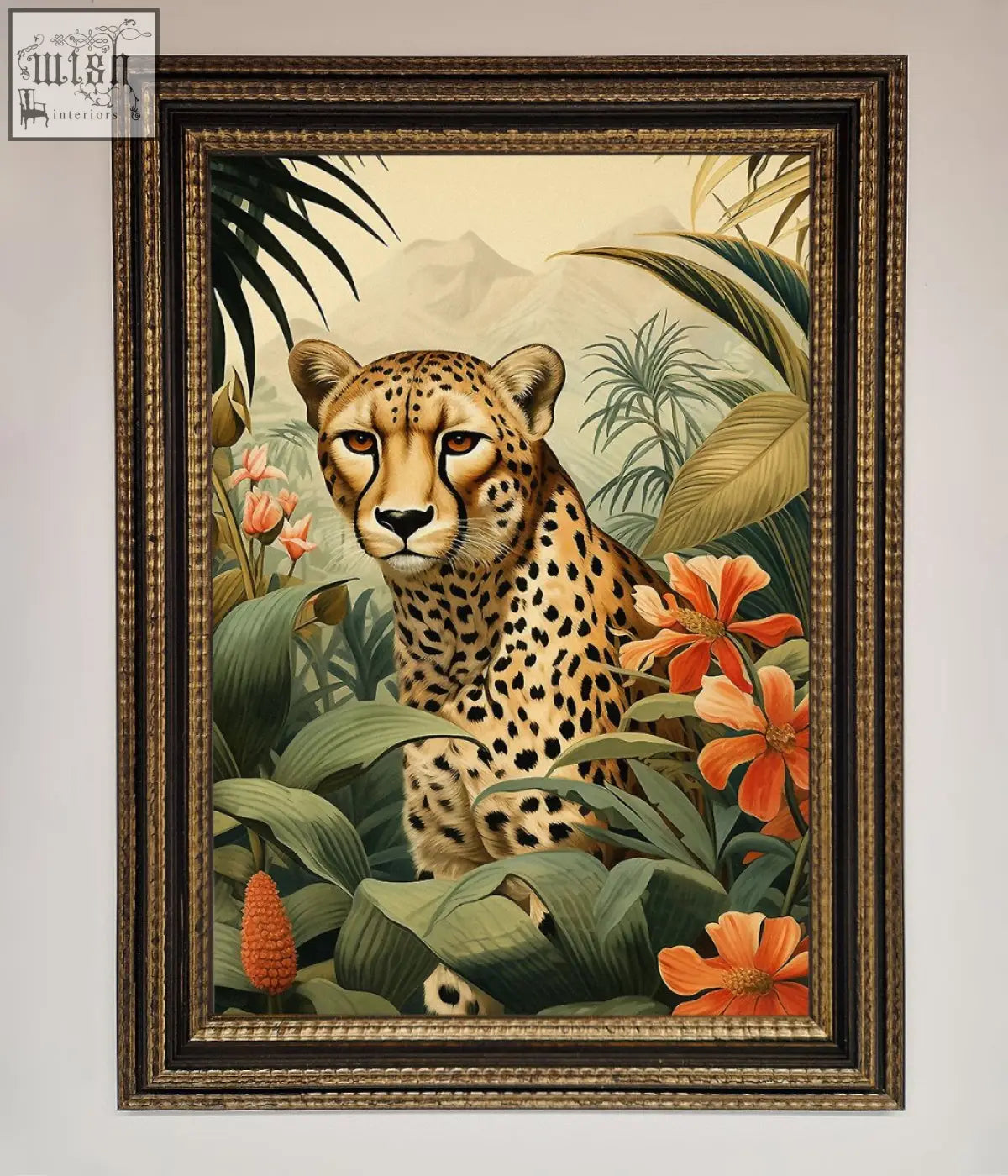 A framed wall art of a cheetah with golden eyes surrounded by lush green foliage and vibrant orange flowers flowers framed wall