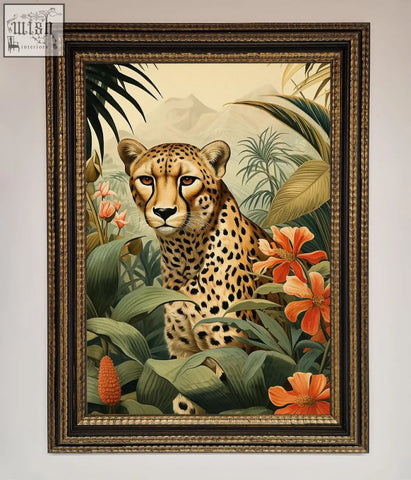A framed wall art of a cheetah with golden eyes surrounded by lush green foliage and vibrant orange flowers flowers framed wall