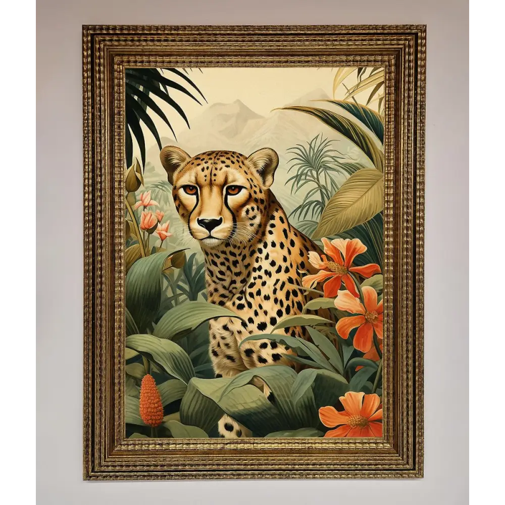 Cheetah In Flowers Framed Wall Art - A3 (29.7 x 42 cm) / Ornate Gold - Framed Print