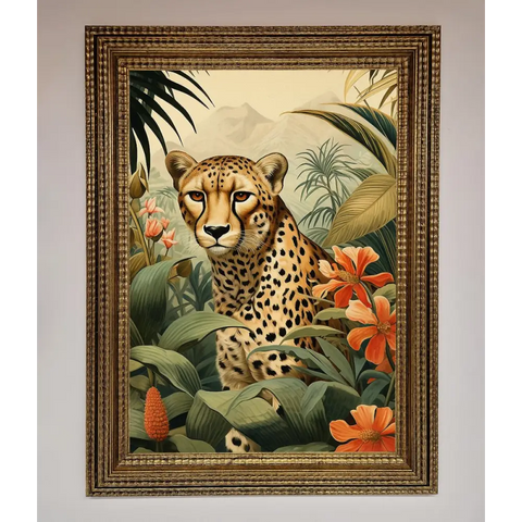 Cheetah In Flowers Framed Wall Art - A3 (29.7 x 42 cm) / Ornate Gold - Framed Print