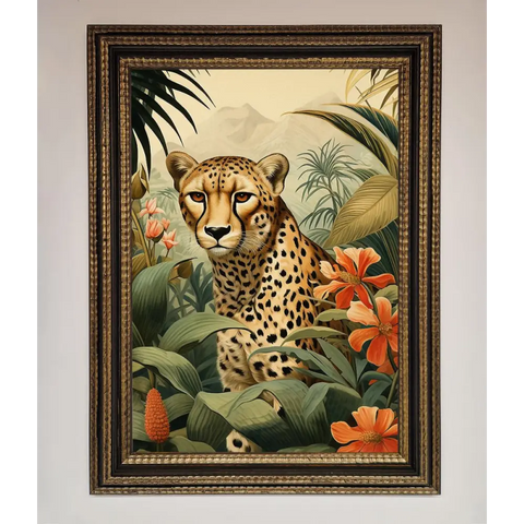 Cheetah In Flowers Framed Wall Art - A3 (29.7 x 42 cm) / Ornate Gold Black - Framed Print