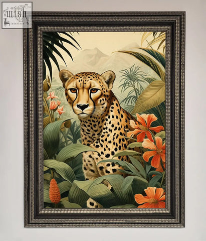 A cheetah with golden-yellow fur and black spots in lush green foliage and orange flowers framed wall art