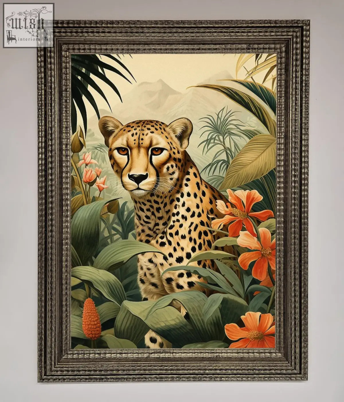 A framed wall art of a cheetah with golden fur surrounded by green foliage and vibrant orange flowers framed wall