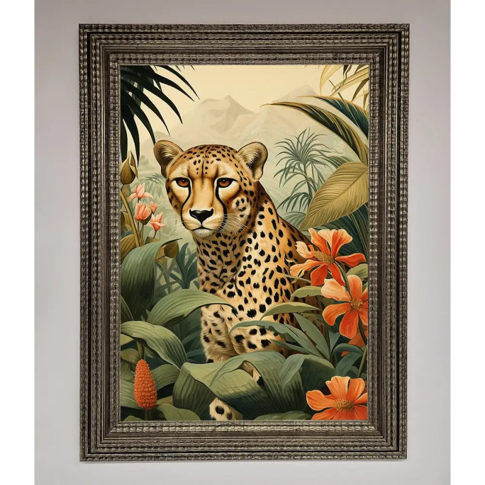 Cheetah In Flowers Framed Wall Art - A3 (29.7 x 42 cm) / Ornate Silver - Framed Print