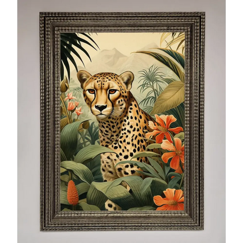 Cheetah In Flowers Framed Wall Art - A3 (29.7 x 42 cm) / Ornate Silver - Framed Print