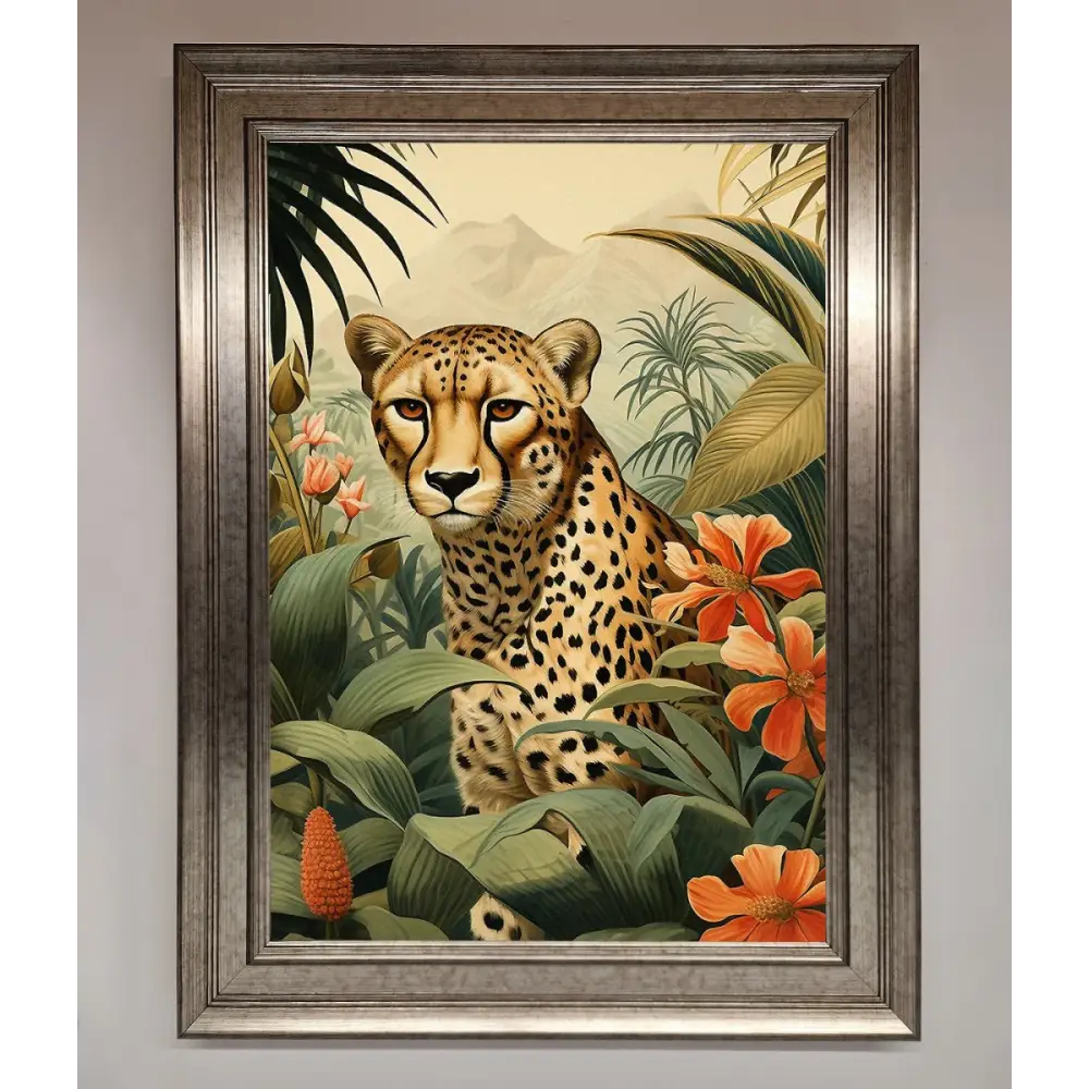 Cheetah In Flowers Framed Wall Art - A3 (29.7 x 42 cm) / Silver - Framed Print