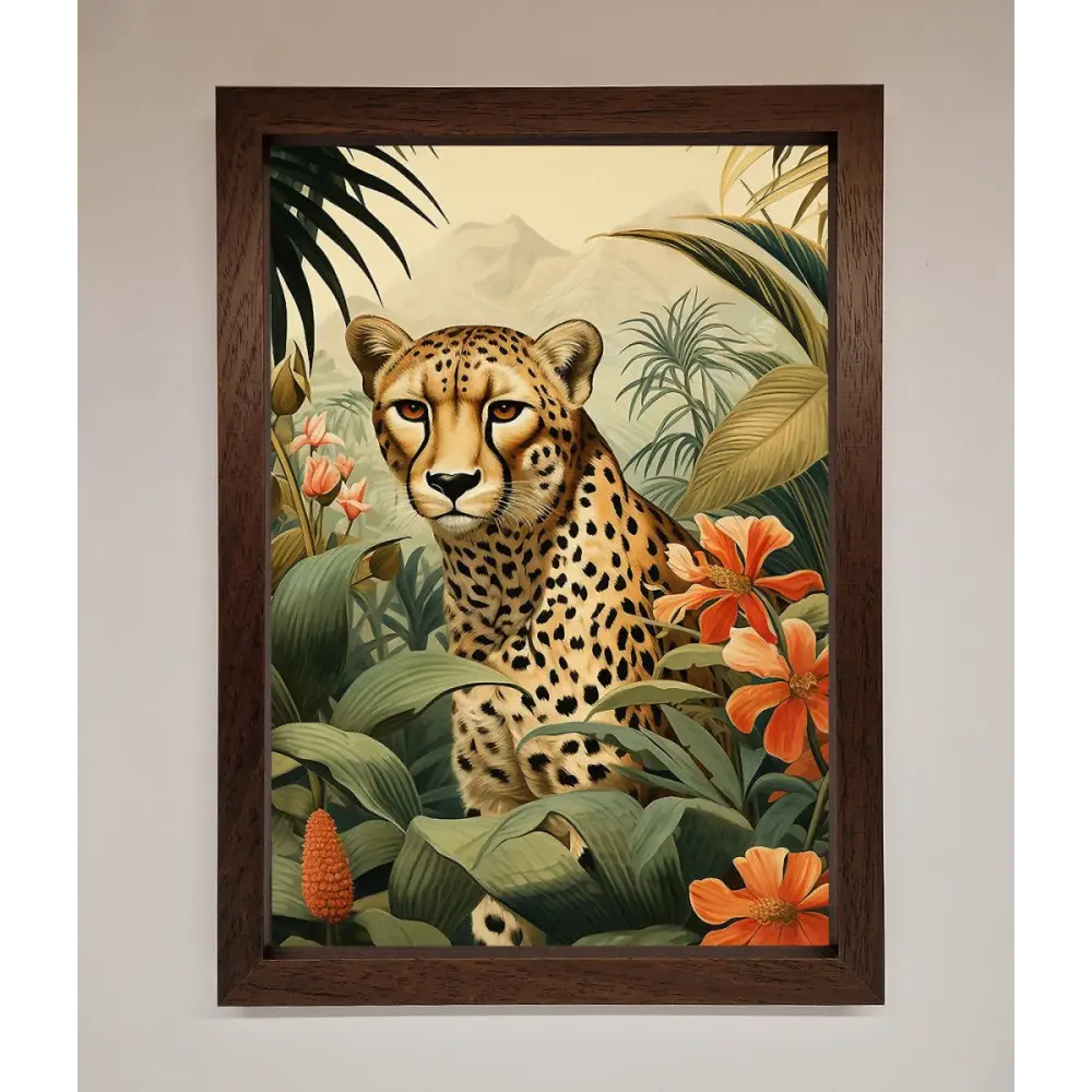 Cheetah In Flowers Framed Wall Art - A3 (29.7 x 42 cm) / Walnut - Framed Print