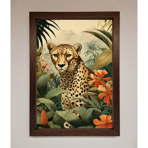 Cheetah In Flowers Framed Wall Art - A3 (29.7 x 42 cm) / Walnut - Framed Print