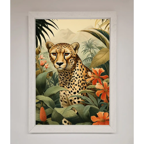 Cheetah In Flowers Framed Wall Art - A3 (29.7 x 42 cm) / White - Framed Print