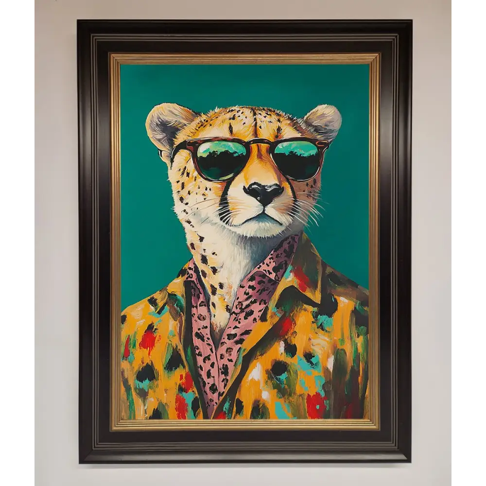 Cheetah With Sunglasses Framed Print - A3 (29.7 x 42 cm) / Black Gold - Framed Print