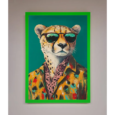 Cheetah With Sunglasses Framed Print - A3 (29.7 x 42 cm) / Neon Dark Green - Framed Print