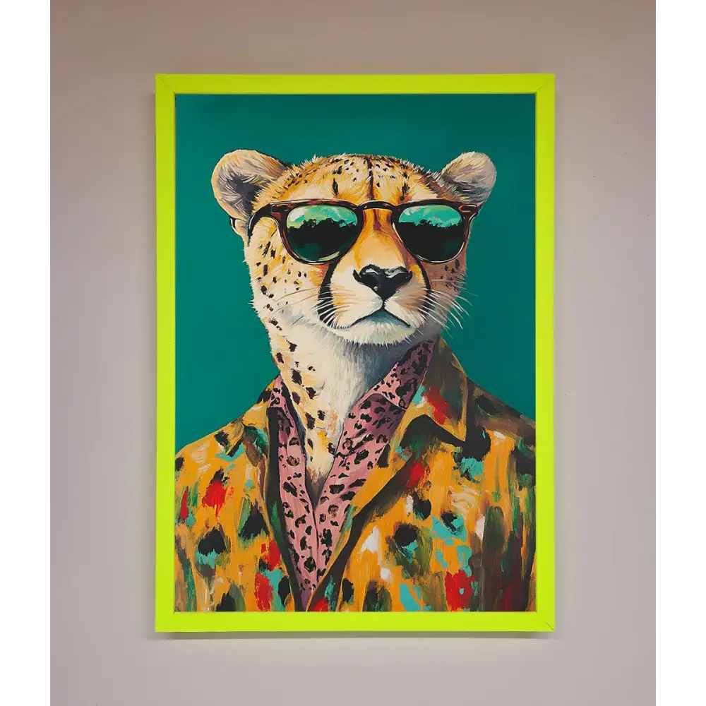 Cheetah With Sunglasses Framed Print - A3 (29.7 x 42 cm) / Neon Green - Framed Print