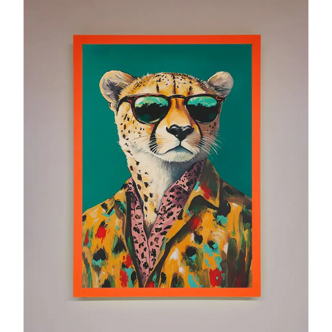 Cheetah With Sunglasses Framed Print - A3 (29.7 x 42 cm) / Neon Orange - Framed Print