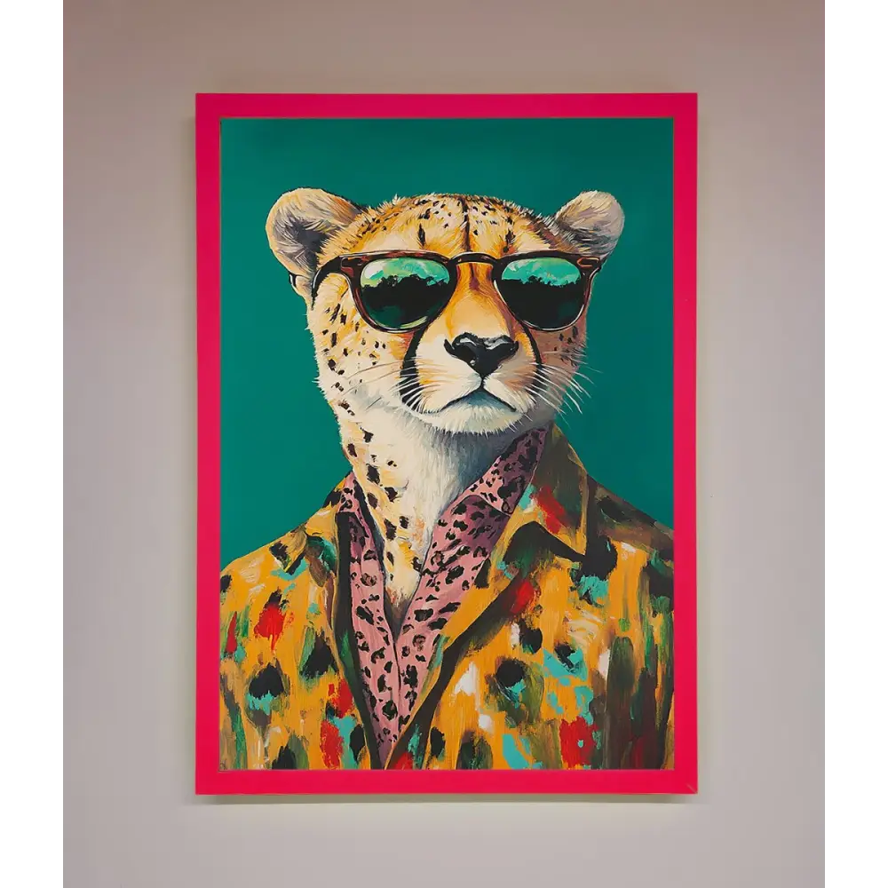 Cheetah With Sunglasses Framed Print - A3 (29.7 x 42 cm) / Neon Pink - Framed Print