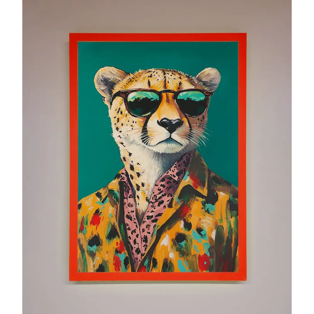 Cheetah With Sunglasses Framed Print - A3 (29.7 x 42 cm) / Neon Red - Framed Print