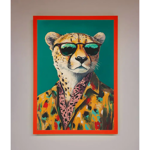Cheetah With Sunglasses Framed Print - A3 (29.7 x 42 cm) / Neon Red - Framed Print