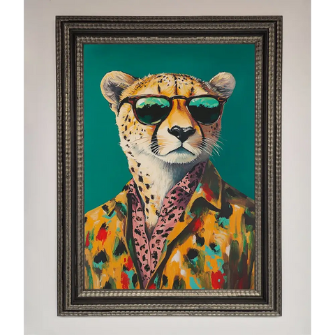 Cheetah With Sunglasses Framed Print - A3 (29.7 x 42 cm) / Ornate Silver Black - Framed Print