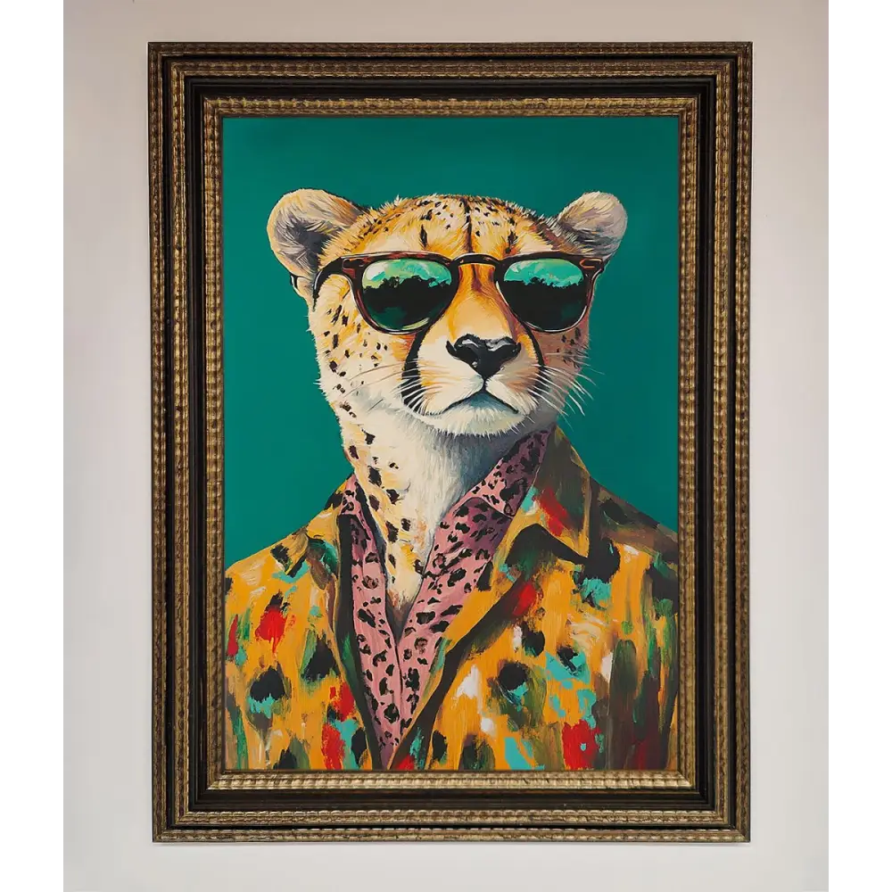 Cheetah With Sunglasses Framed Print - A3 (29.7 x 42 cm) / Ornate Gold Black - Framed Print