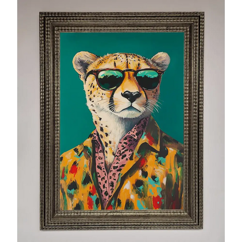 Cheetah With Sunglasses Framed Print - A3 (29.7 x 42 cm) / Ornate Silver - Framed Print