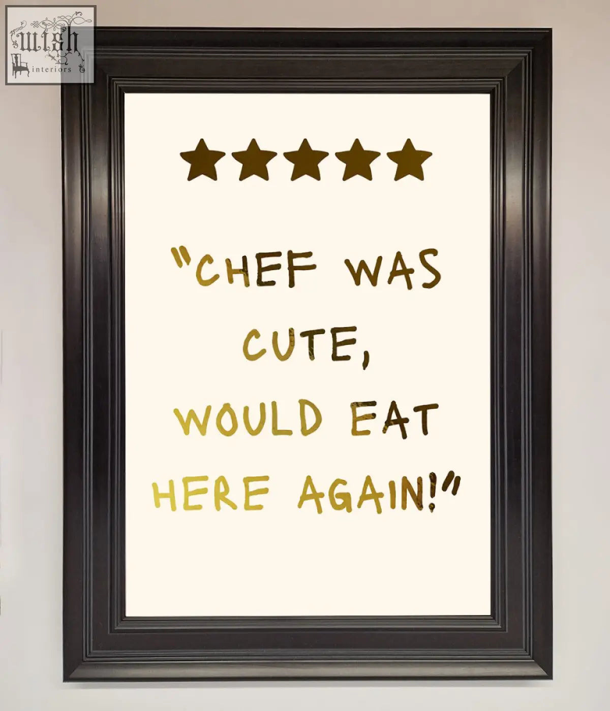 A cute foil print wall art with gold foil lettering and stars on a cream background titled chef was cute foil print