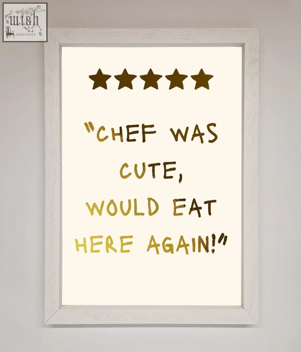 A framed cute foil print wall art with gold foil lettering five stars on a cream background titled chef was cute foil print