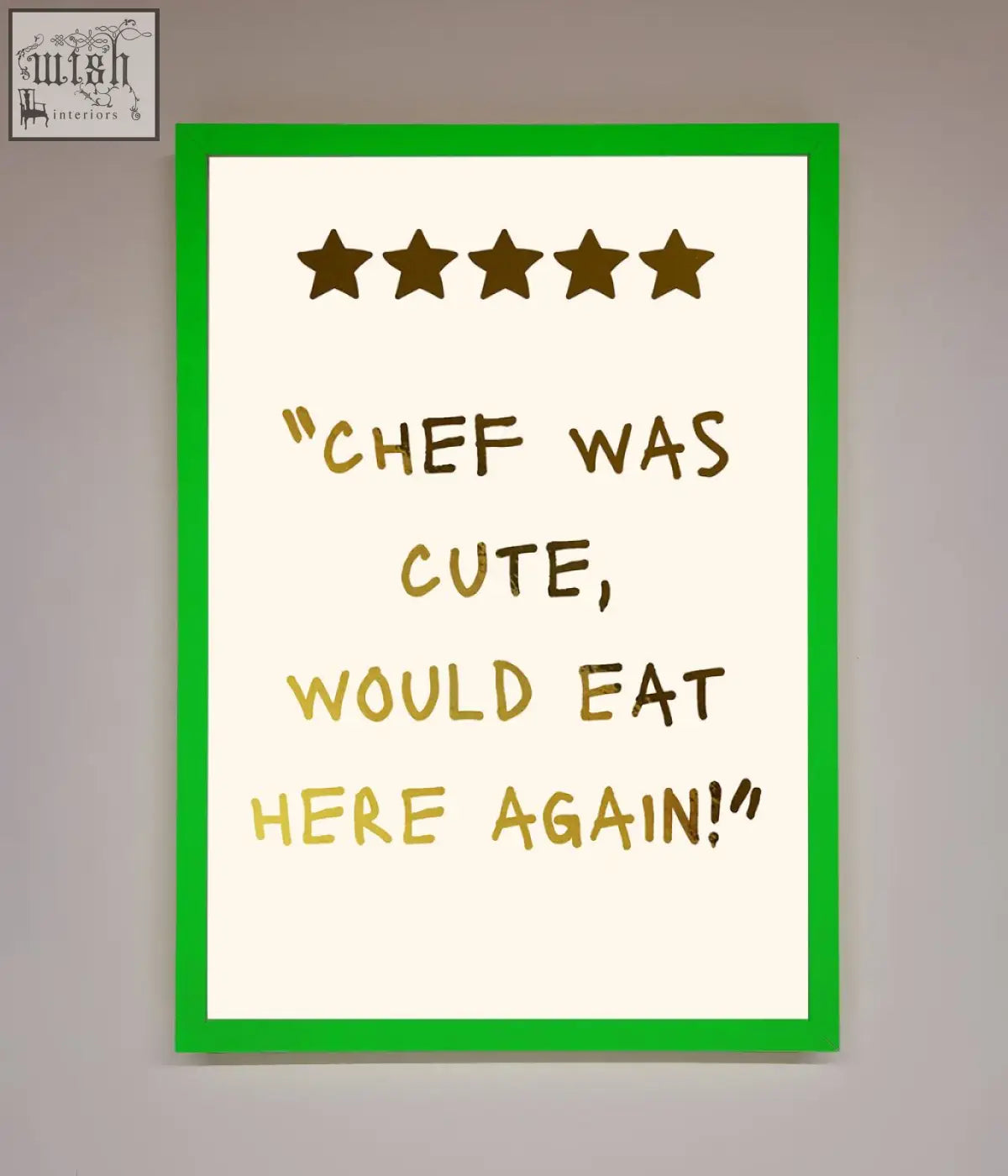 Framed chef was cute foil print with bright green border and gold foil lettering above five stars for cute foil decor