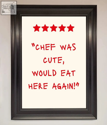 Black-framed cute framed wall art with red handwritten text and five stars on a cream background for kitchen decor