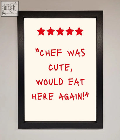 Black-framed cute framed wall art with red hand-drawn text and five stars on white background for kitchen decor