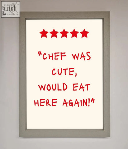 A cute framed wall art print with red handwritten text and five stars on a cream background perfect for chefs
