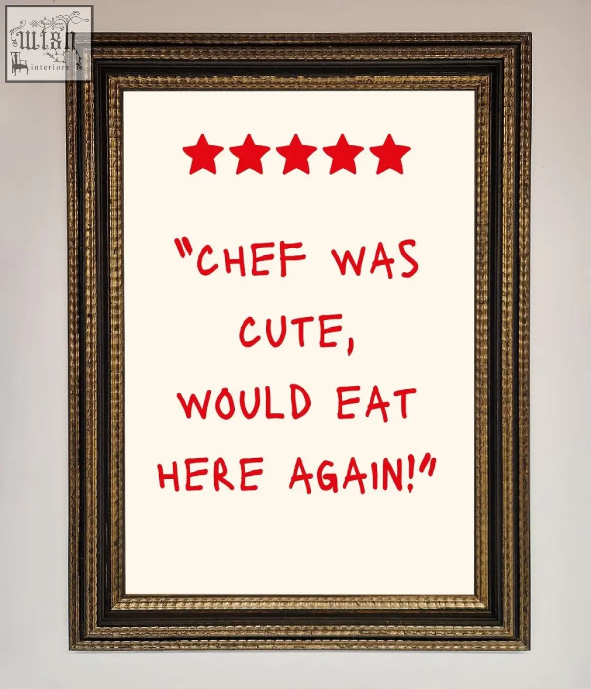 A cute framed wall art with red handwritten text and stars on a cream background for playful wall decor