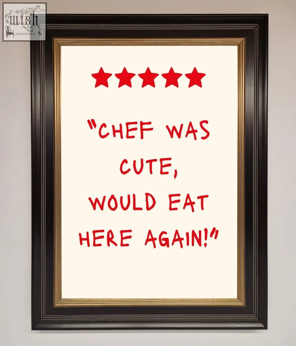 Chef was cute framed wall art featuring a cream background restaurant review with red stars in black and gold frame wall art