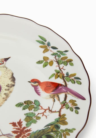 A set of 4 chelsea bird porcelain side plates with hand-painted vibrant birds and foliage on white background