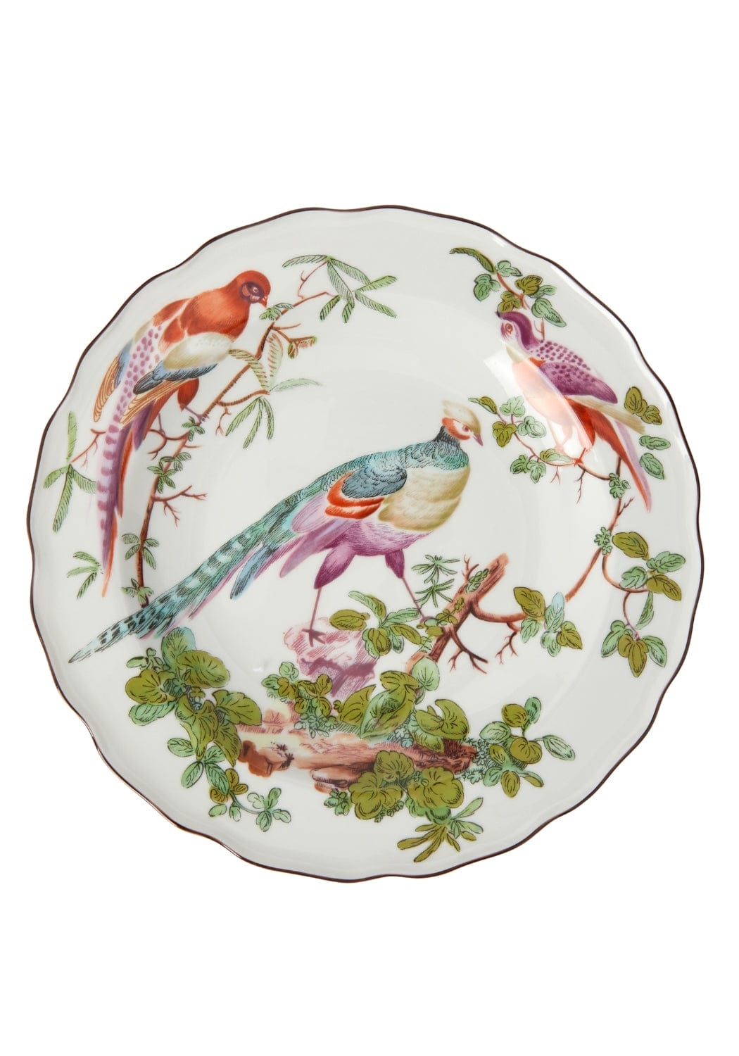 A delicate white porcelain chelsea bird side plate with vibrant hand-painted colorful birds and green foliage design