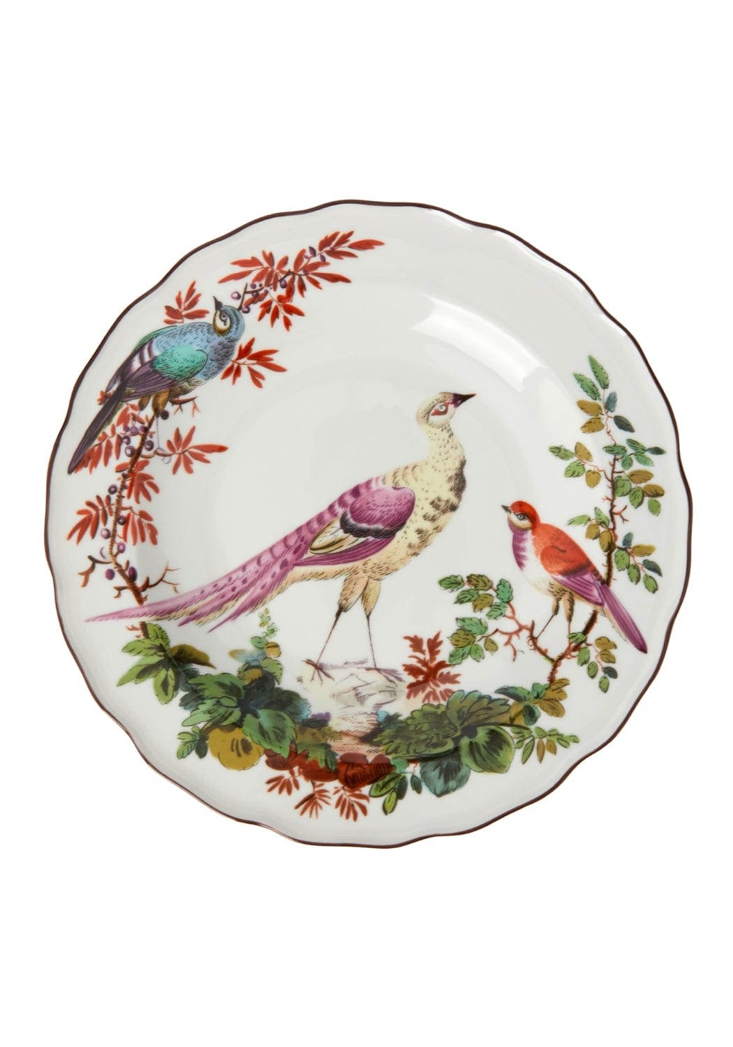 A delicate white porcelain chelsea bird side plate with vibrant hand painted birds and autumn leaves design
