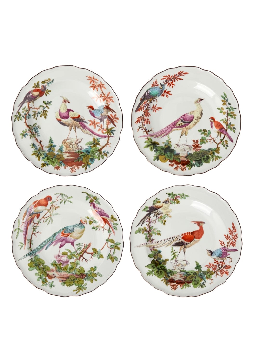Set of four white porcelain chelsea bird side plates with colorful hand-painted birds and detailed foliage designs