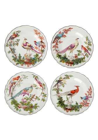 Set of four white porcelain chelsea bird side plates with colorful hand-painted birds and detailed foliage designs