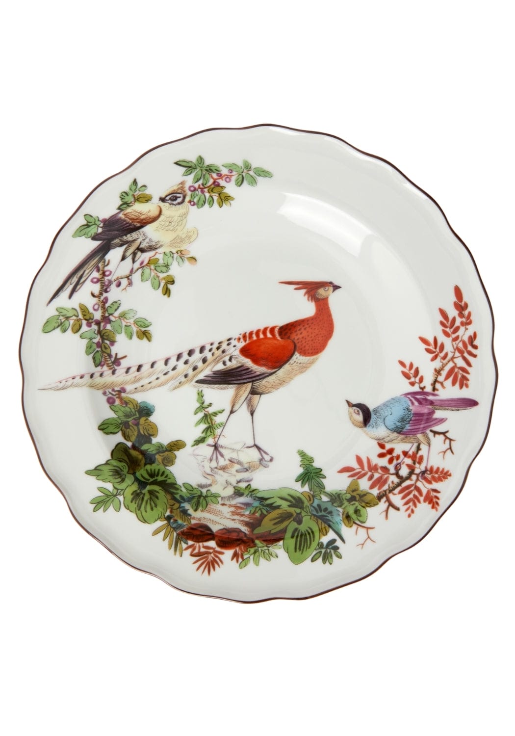 White porcelain chelsea bird side plate with scalloped edge and colorful hand-painted birds and foliage design