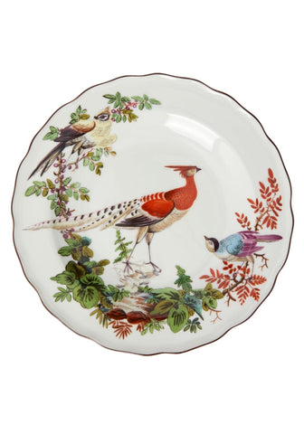White porcelain chelsea bird side plate with scalloped edge and colorful hand-painted birds and foliage design