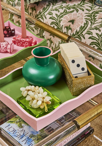 Green ceramic vase with pink rim displayed on a yellow green Chelsea Glass trinket tray perfect for small items