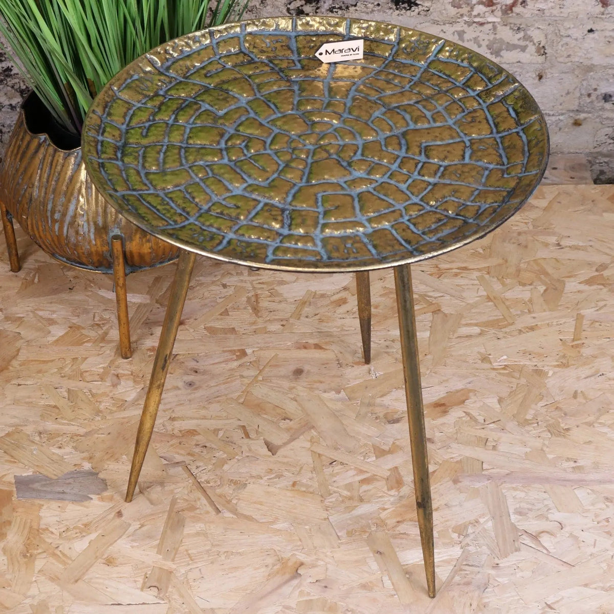 Bronze crackled-glazed ceramic chena antiqued metal round gold side table with slender brass legs and gold finish