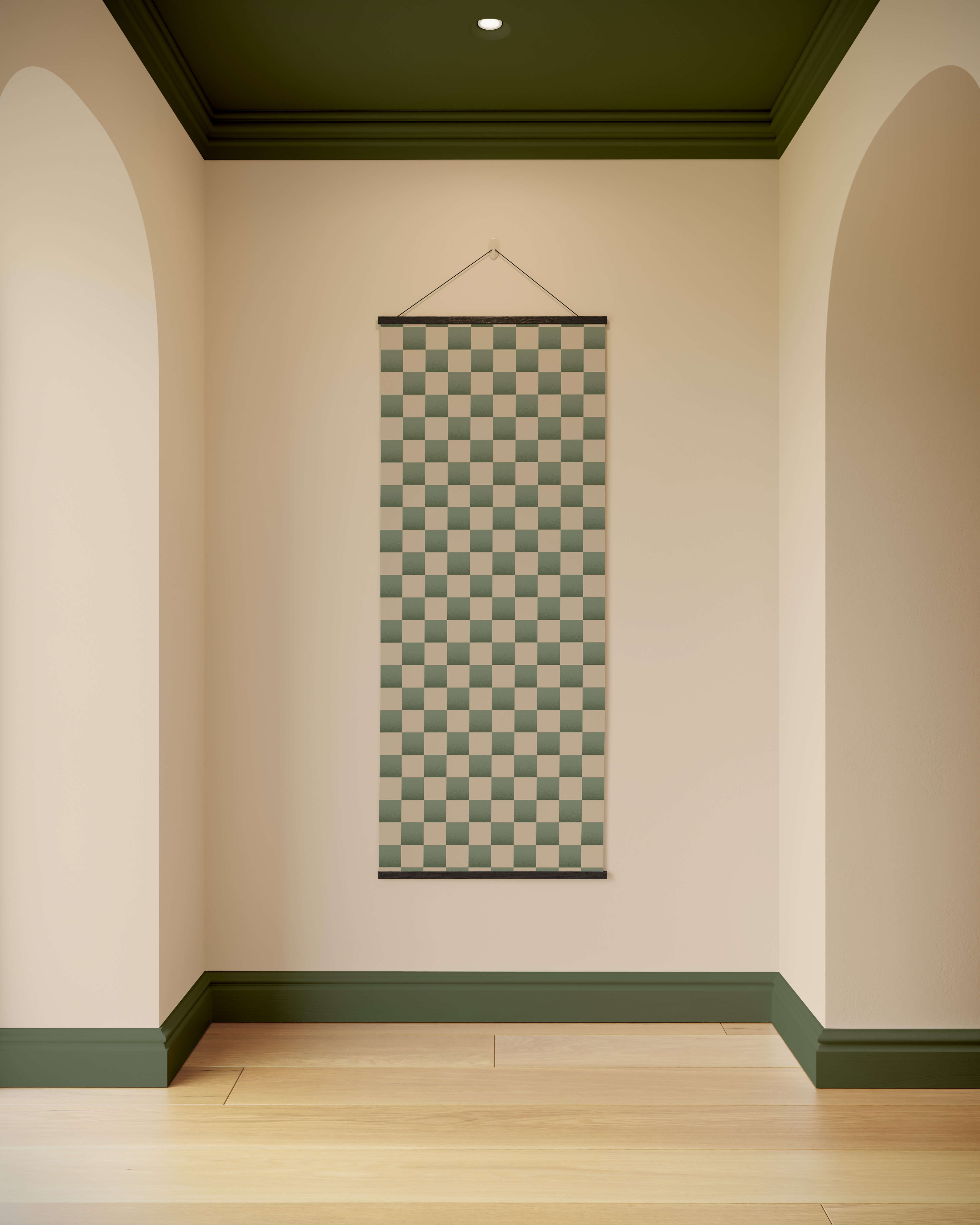 A rectangular chequerboard wall tapestry with green and beige squares framed by dark green trim