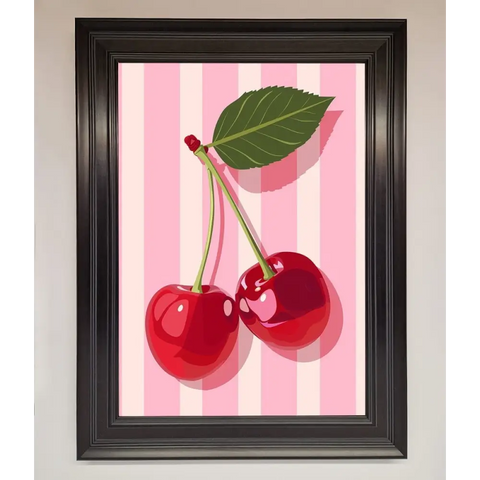 Cherries On Stripes Framed Print - A1 (59.4 x 84.1 cm) / Matt Black - Framed Print