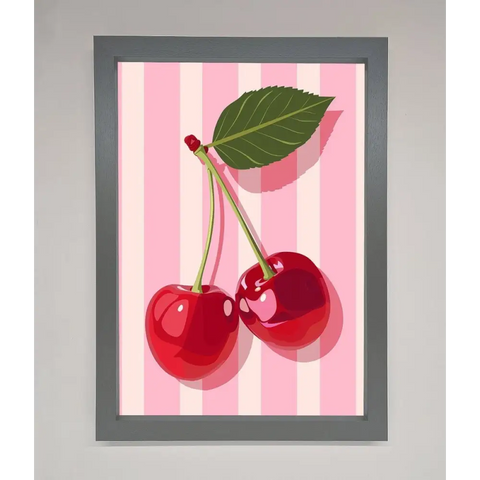 Cherries On Stripes Framed Print - A3 (29.7 x 42 cm) / Dark Grey - Framed Print