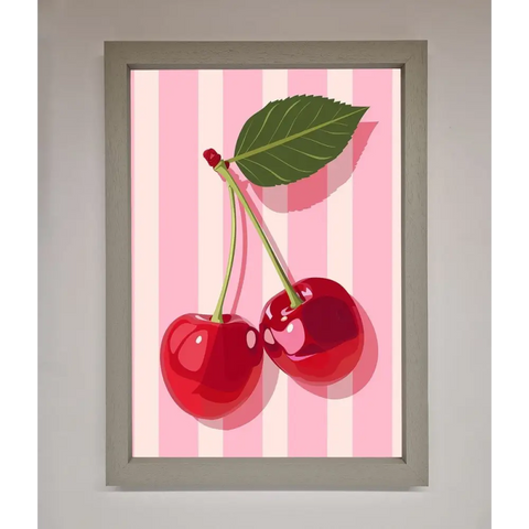 Cherries On Stripes Framed Print - A3 (29.7 x 42 cm) / Grey - Framed Print