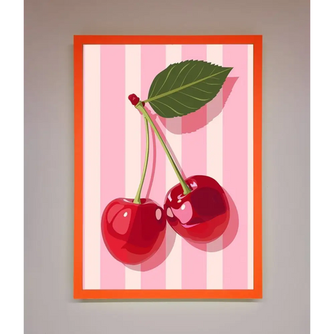 Cherries On Stripes Framed Print - A3 (29.7 x 42 cm) / Neon Orange - Framed Print