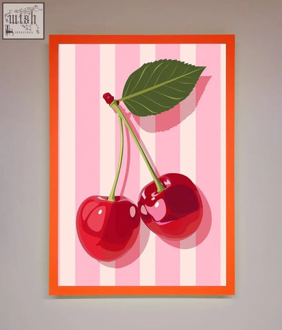 A vibrant orange stripes framed print featuring glossy red cherries with green stems on pink and white stripes background