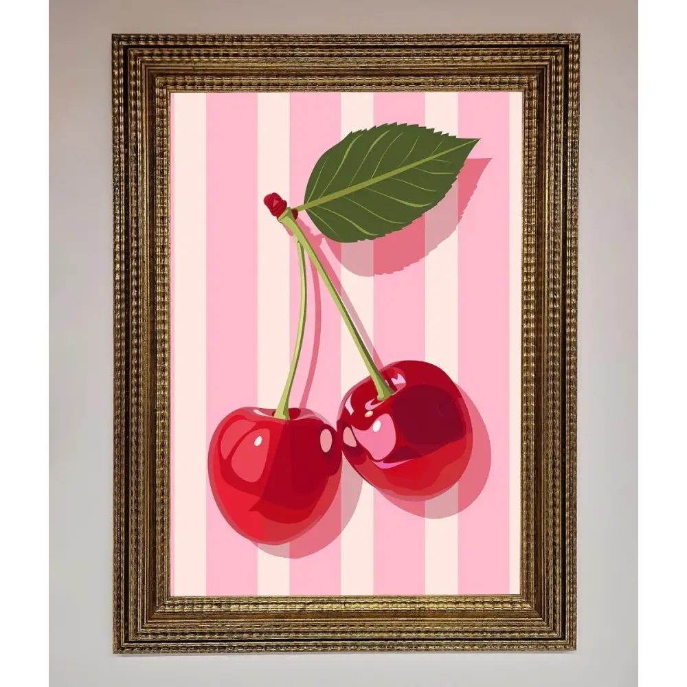 Cherries On Stripes Framed Print - A3 (29.7 x 42 cm) / Ornate Gold - Framed Print