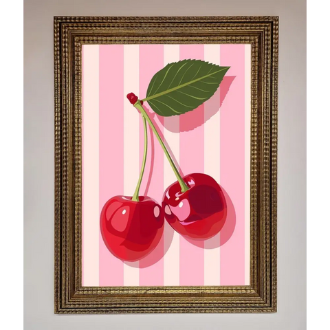 Cherries On Stripes Framed Print - A3 (29.7 x 42 cm) / Ornate Gold - Framed Print